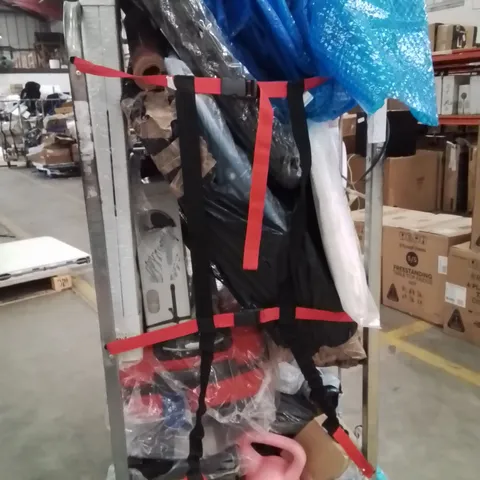 CAGE OF ASSORTED HOUSEHOLD GOODS AND PRODUCTS TO INCLUDE;DUMBELL,FOLDING TABLE,FAN,SUITCASE 