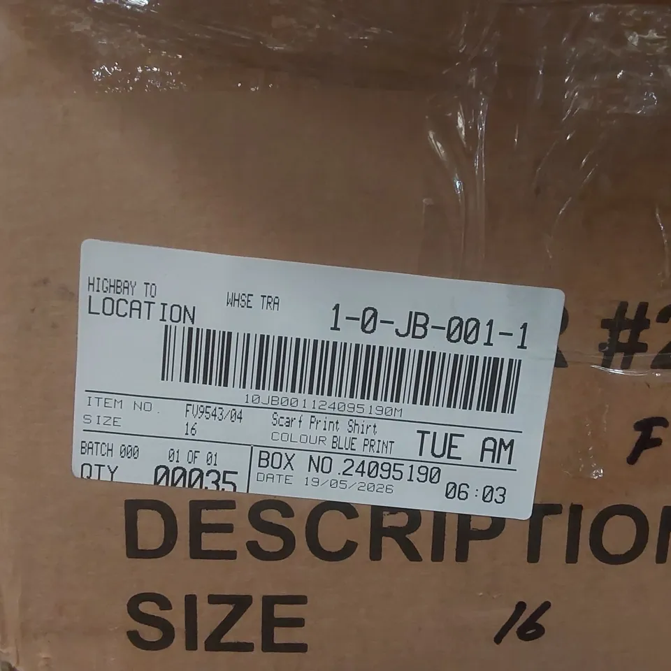 BOX CONTAINING APPROXIMATELY 35x BRAND NEW JD WILLIAMS BLUE SCARF PRINT SHIRTS - SIZE 16