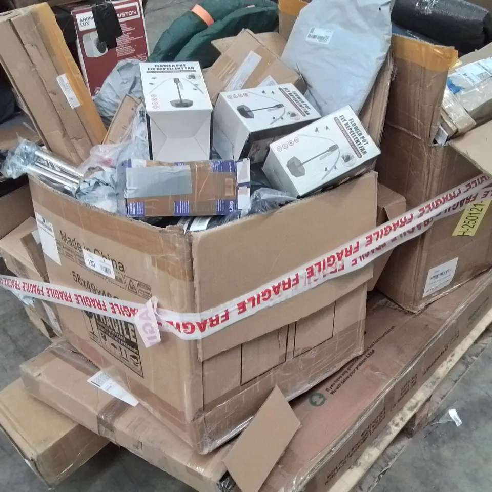 PALLET CONTAINING VARIOUS ASSORTED HOUSEHOLD CUSTOMER RETURNS TO INCLUDE: POP UP TENTS, GROUND SHEETING, FLY REPELLANT, PET BED AND LOTS MORE