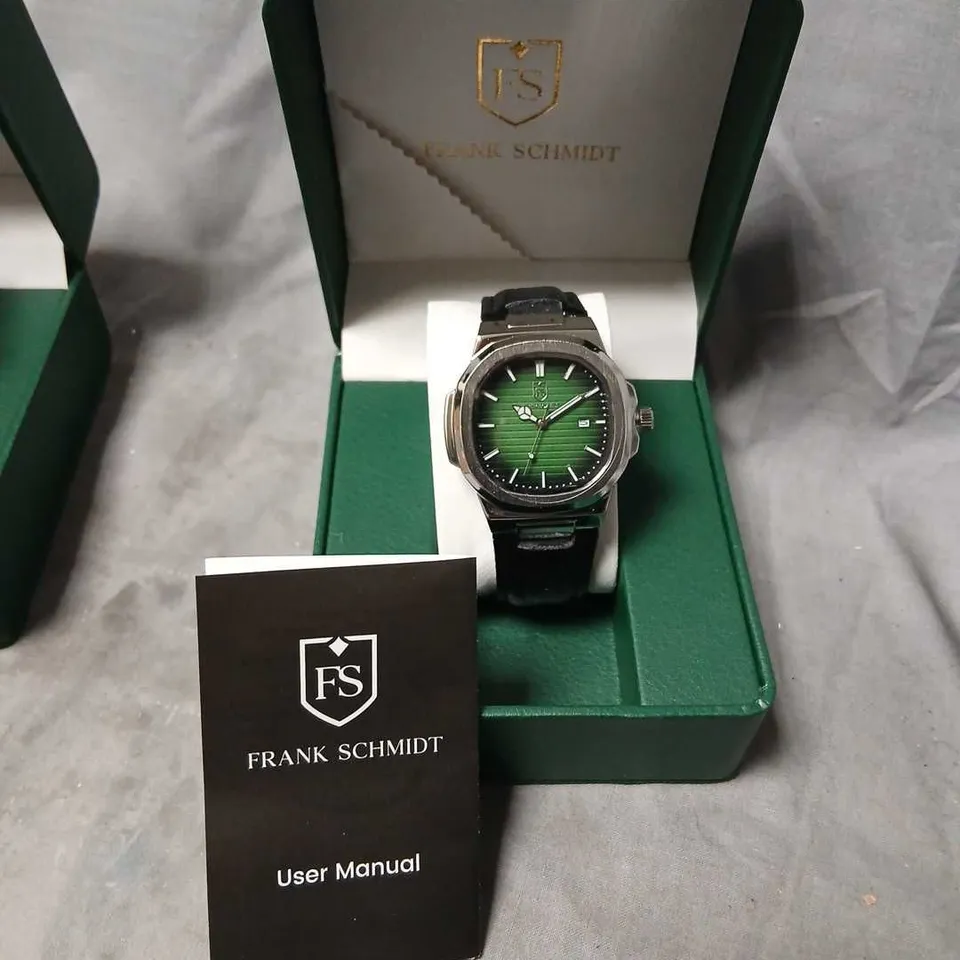FRANK SCHMIDT FS WRISTWATCH – GREEN DIAL, BLACK LEATHER STRAP