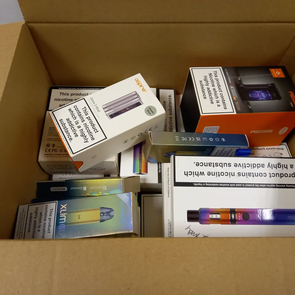 BOX OF APPROXMATELY 30 E-CIGARETTES AND LIQUIDS TO INCLUDE OXVA XLIM SE, ASPIRE ZELOS 3 MOD, GEEKVAPE AEGIS 200W, ETC