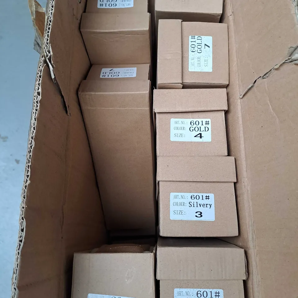 BOX OF APPROXIMATELY 20 PAIRS OF SLIP ON SHOES IN GOLD - VARIOUS SIZES