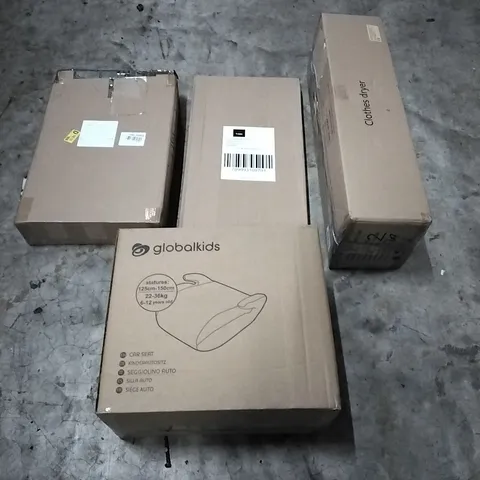 PALLET OF HOUSEHOLD ITEMS TO INCLUDE BED RAIL, PIZZA TOOLS, CAR SEAT, CLOTHES DRYER AND OTHER ASSORTED ITEMS...