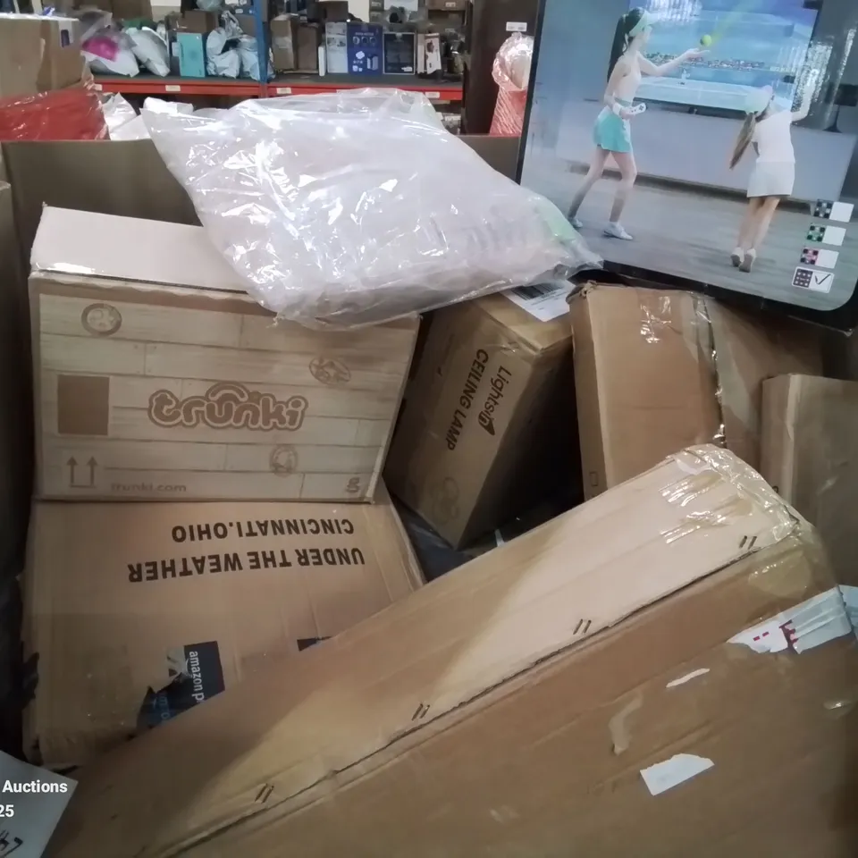 PALLET CONTAINING VARIOUS ASSORTED ITEMS TO INCLUDE KIDS INTERACTIVE GAME, TRUNKI, CEILING LAMPS AND LOTS MORE UNMARKED BOXED ITEMS 