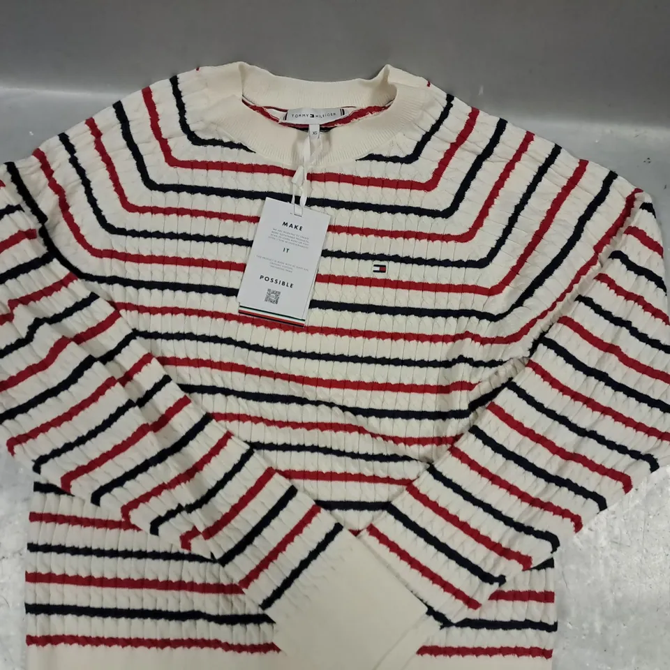 TOMMY HILFIGER STRIPED SWEATER IN CREAM/RED/BLACK SIZE XS