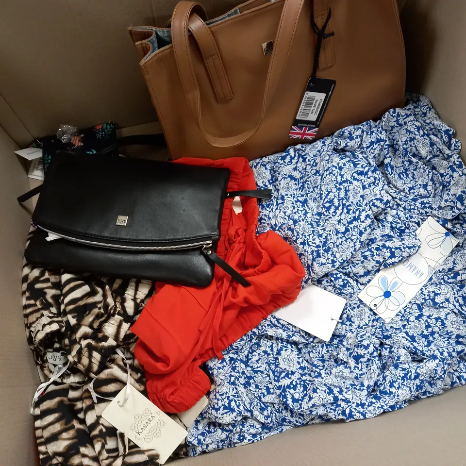 BOX OF APPROXIMATELY 10 ASSORTED CLOTHING ITEMS TO INCLUDE PANTS, HANDBAGS, DRESSES ETC