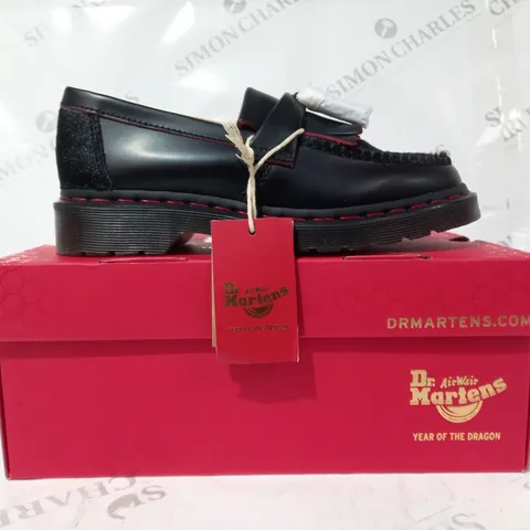 BOXED PAIR OF DR MARTENS ADRIAN YEAR OF THE DRAGON LOAFERS IN BLACK/RED UK SIZE 5
