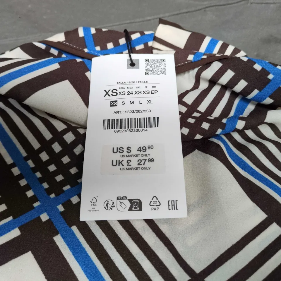 ZARA WOMEN'S PLAID BLOUSE – BROWN, BLUE & WHITE (XS) 