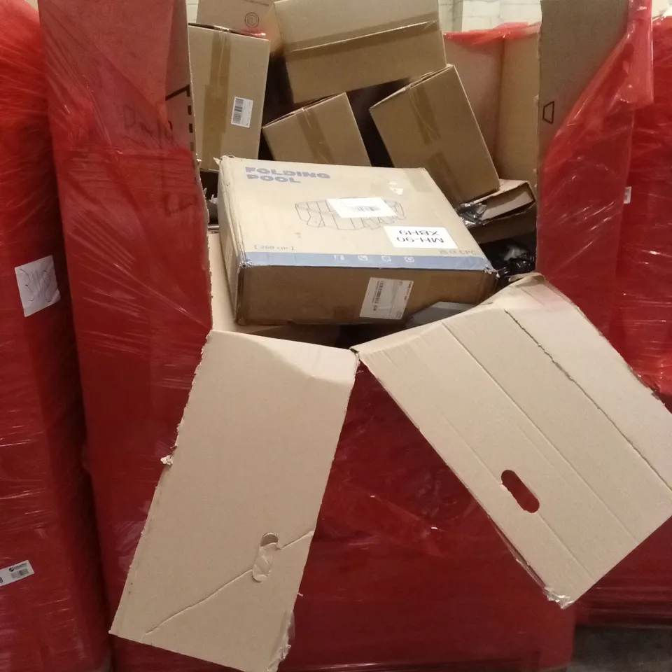 PALLET OF HOUSEHOLD GOODS AND PRODUCTS TO INCLUDE; AKITAS DELUXE VACUUM CLEANER, EASY TO INSTALL RETRACTABLE SAFETY GATE, BOXED FURNITURE ETC