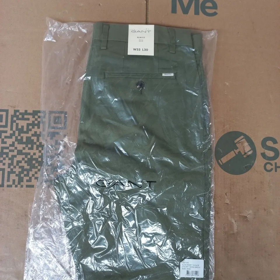 BAGGED GANT SLIM SMART CHINOS IN DRY HERB GREEN SIZE 33/30