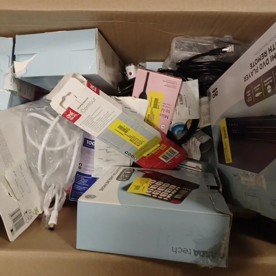 BOX OF APPROXIMATELY 25 ASSORTED ELECTRICALS TO INCLUDE ONE FOR ALL CONTOUR UNIVERSAL REMOTE, HDMI DVD PLAYER WITH REMOTE, BIG BUTTON LANDLINE PHONE, ETC