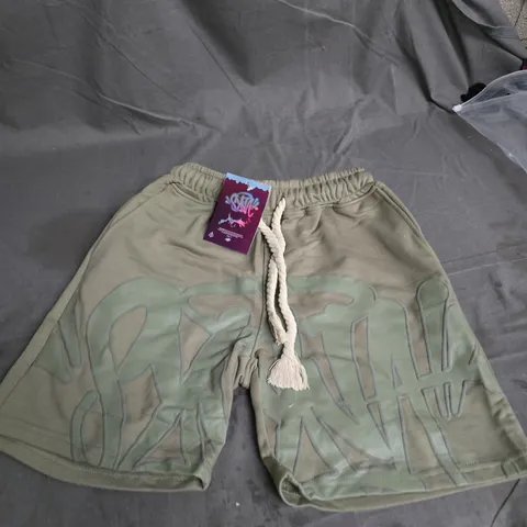 SYNA MEN'S OLIVE GREEN DRAWSTRING SHORTS WITH GRAPHIC PRINT SIZE M 