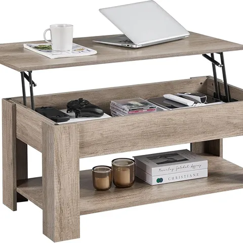 BOXED YAHEETECH LIFT UP COFFEE TABLE, WOODEN LIFTING COFFEE TABLE WITH HIDDEN STORAGE DRAWER AND OPEN SHELF - GREY (1 BOX)