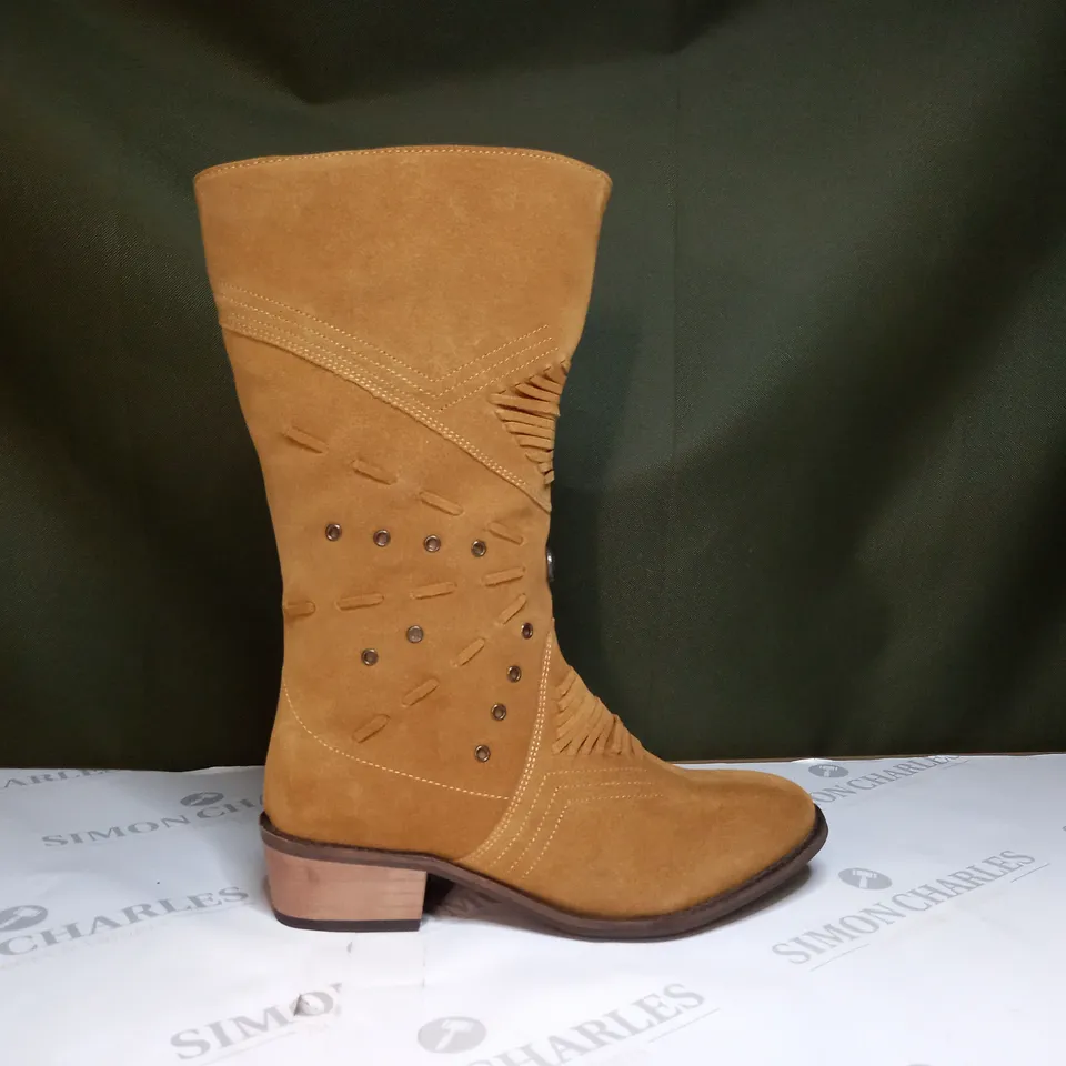 BOXED PAIR OF JOE BROWNS BRICK LANE SUEDE MIDI BOOTS IN TAN SIZE 6