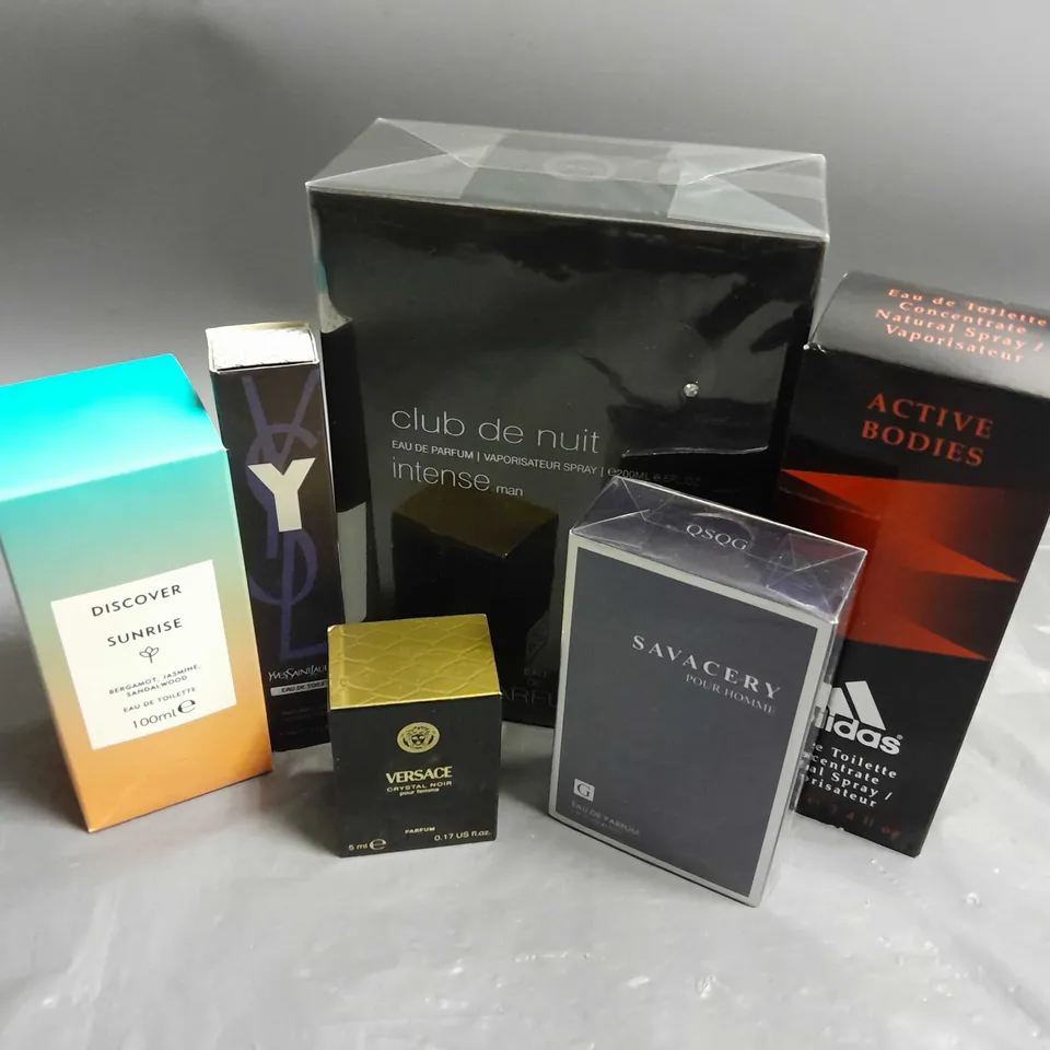 BOX OF APPROXIMATELY 6 ASSORTED BOXED FRAGRANCES TO INCLUDE - ADIDAS ACTIVE BODIES - CLUB DE NUIT - VERSACE CRYSTAL NOIR - ETC