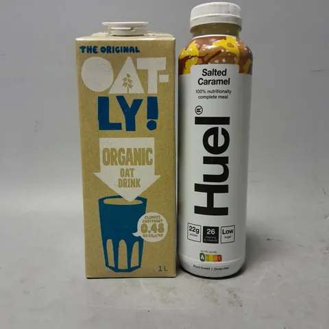 TOTE OF APPROXIMATELY 9 ASSORTED FOOD ITEMS TO INCLUDE - HUEL SALTED CARAMEL , OATLY ORGANIC 