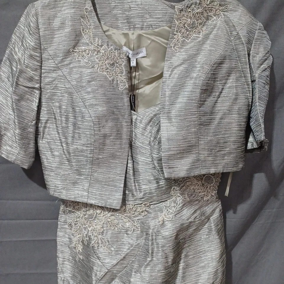 JOHN CHARES 2 PIECE FLORAL JACKET & DRESS IN GREY/SILVER - UK 8