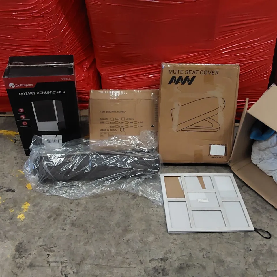 PALLET OF ASSORTED ITEMS INCLUDING: DEHUMIDIFIER, DUVET, BED RAIL GUARD, TOILET SEAT COVER, FLOOR MAT, PICTURE FRAME