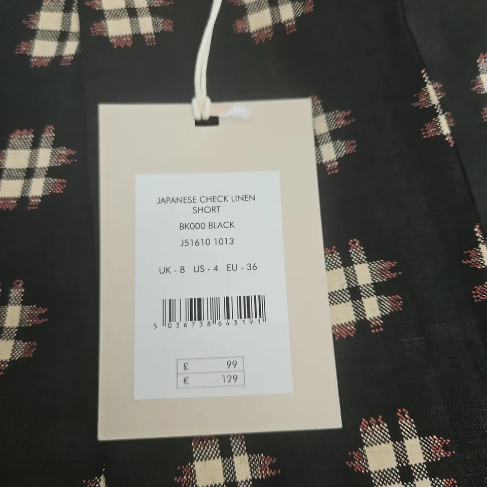 UK 8 JIGSAW JAPANESE CHECK LINEN SHORTS – BLACK
