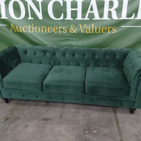 DESIGNER THREE SEATER CHESTERFIELD SOFA PLUSH GREEN FABRIC
