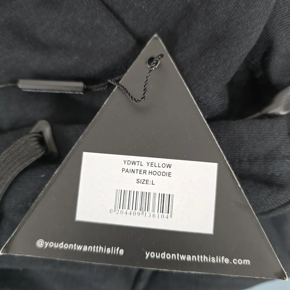 YDWTL YELLOW PAINTER HOODIE – SIZE L, BLACK WITH NEON BACK PRINT