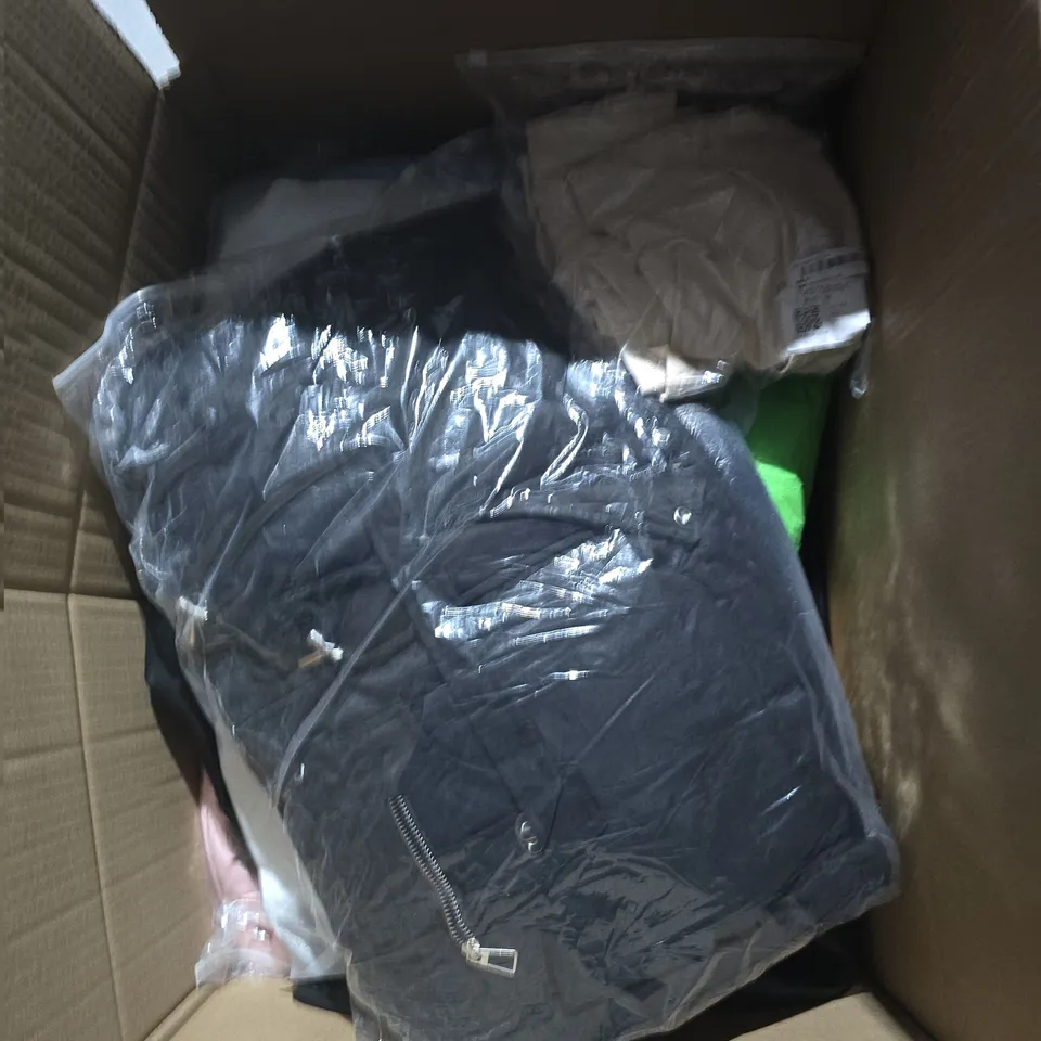 LARGE BOX OF APPROXIMATELY 25 ASSORTED CLOTHING ITEMS IN VARIOUS COLOURS, STYLES AND SIZES - COLLECTION ONLY