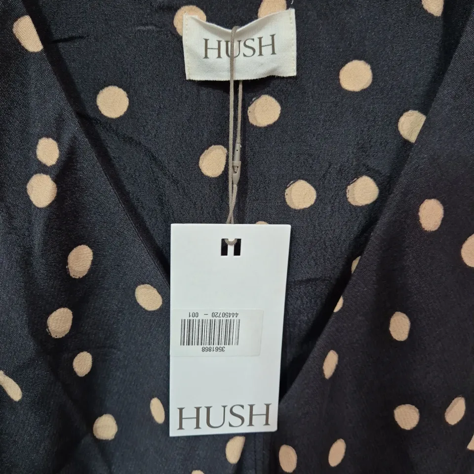 HUSH AMELIA PRINTED MAXI DRESS – PAINTED POLKA, NAVY WITH PALE PINK DOTS, UK SIZE 10