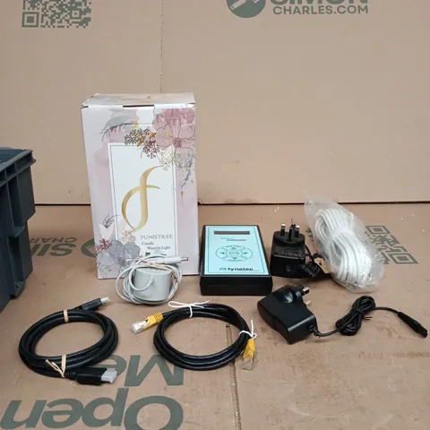 TOTE OF APPROXIMATELY 5 ASSORTED GOODS INCLUDING FUNISTREE CANDLE WARMING LIGHT, TYNETEC SENSOR CONTROLLER AND A HDMI CABLE