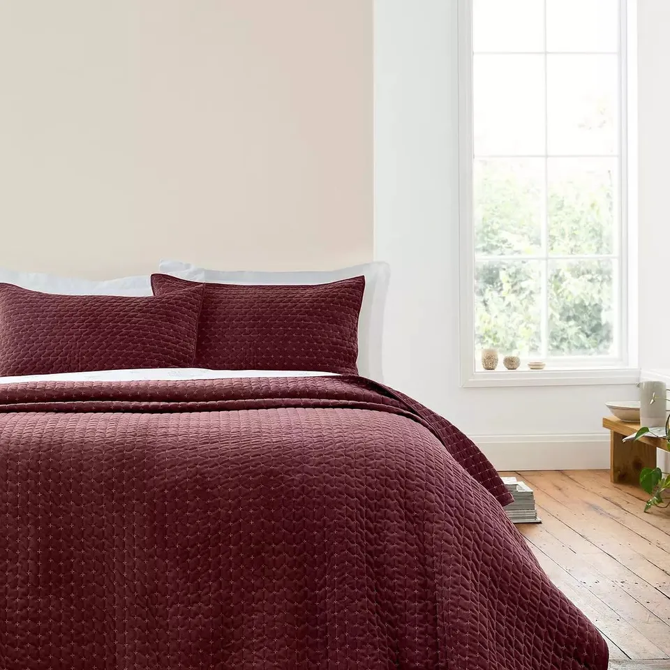 BIANCA ATTICA VELVET LIGHTLY QUILTED BEDSPREAD BURGUNDY