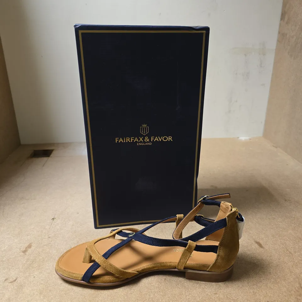 FAIRFAX & FAVOR LEATHER SANDALS – TAN SUEDE WITH NAVY STRAPS - UK SIZE 7