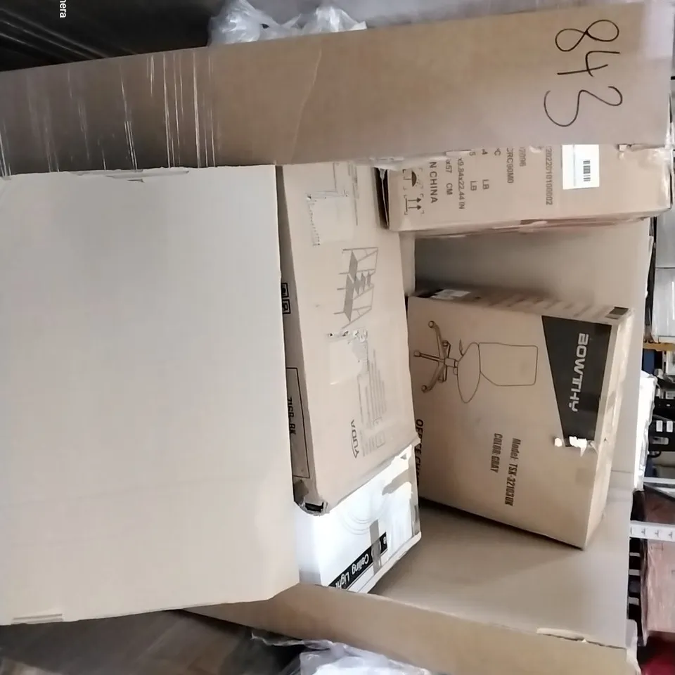 PALLET OF ASSORTED HOUSEHOLD ITEMS TO INCLUDE TELESCOPING LADDER, LED CEILING LIGHT AND OFFICE CHAIRS