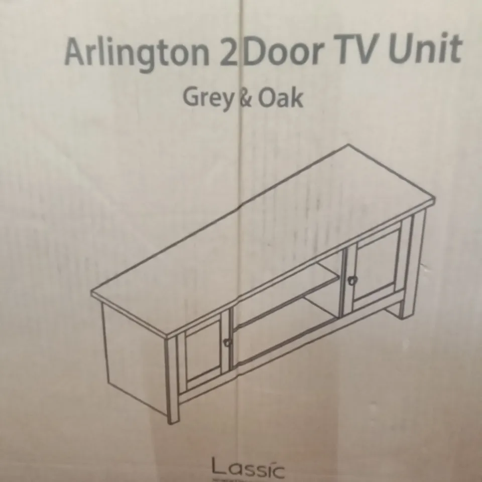 BOXED VIDA DESIGNS ARLINGTON 2 DOOR TV UNIT - GREY/OAK