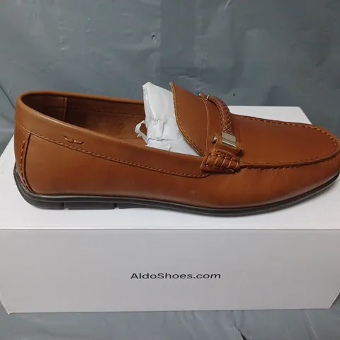 BOXED PAIR OF ALDO BROWN LEATHER LOAFERS - UK SIZE 8.5