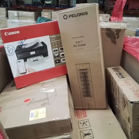 PALLET CONTAINING VARIOUS ASSORTED BOXED HOUSEHOLD ITEMS TO INCLUDE: CANON 4-IN-1 PRINTER, 3 IN 1 AIR COOLER, OFFICE DESK AND LOTS MORE UNMARKED BOXED ITEMS 