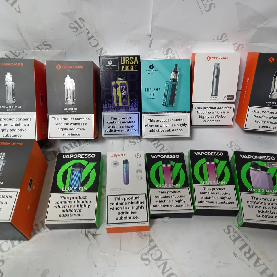 APPROXIMATELY 12 ASSORTED VAPES INCLUDING GEEKVAPE, VAPORESSO, LOST VAPE