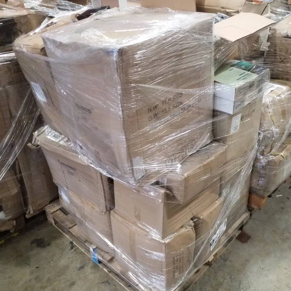 PALLET CONTAINING ASSORTED PRODUCTS INCLUDING 2 PORT NWAY ETHERNET SWITCHES, USB A TO USB B CABLES, NETWORK WALL CABINETS & HDD EXTERNAL BOX