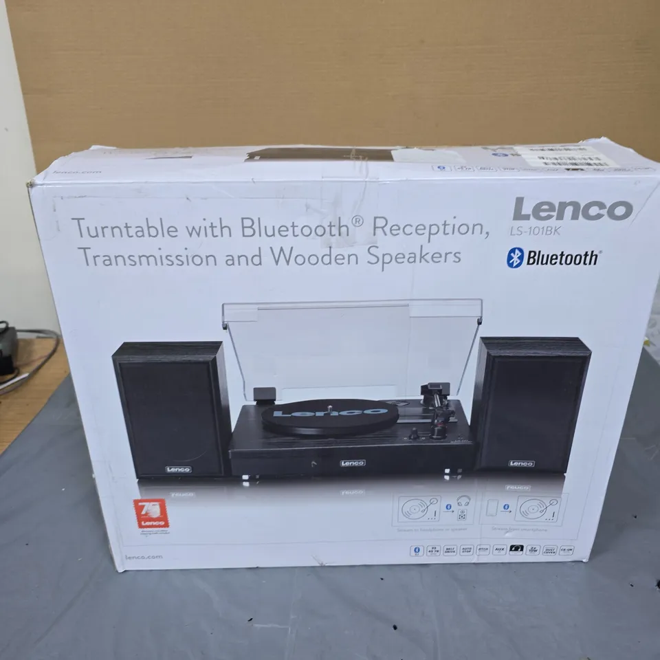 LENCO LS-101BK TURNTABLE WITH BLUETOOTH RECEPTION AND WOODEN SPEAKERS – BOXED
