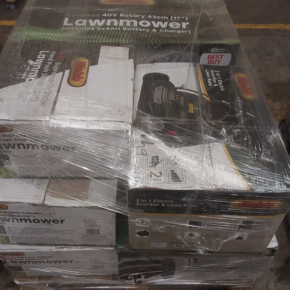 PALLET CONTAINING A LARGE QUANTITY OF ASSORTED GARDENING TOOLS INCLUDING: WEBB ECO CORDLESS 40V LAWNMOWER, WEBB 2 IN 1 ELECTRIC SCARIFIER & LAWN RAKE, WEBB MANUAL 30CM HAND PUSH LAWNMOWERS ECT