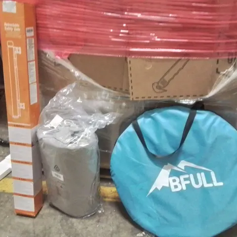 PALLET OF ASSORTED HOUSEHOLD GOODS AND PRODUCTS TO INCLUDE; POP UP TENT,RETRACTABLE GATE,ACUPRESSURE MAT AND PILLOW SET