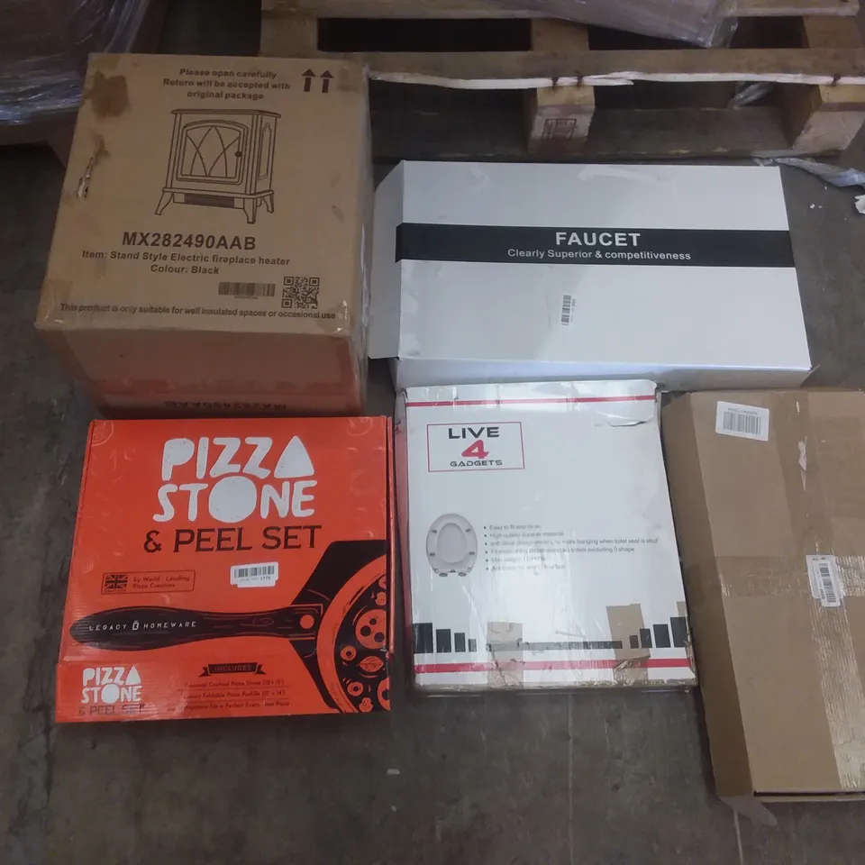 PALLET OF ASSORTED ITEMS INCLUDING TRUE INNOVATIONS TASK CHAIR, PIZZA STONE & PEEL SET, FAUCET, STAND STYLE ELECTRIC FIREPLACE HEATER, LIVE 4 GADGETS TOILET SEAT, RECCI BEDDING 