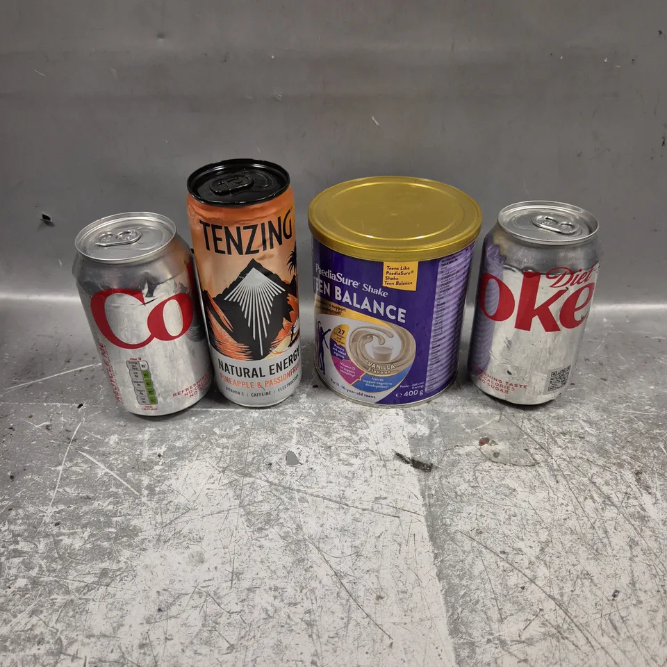APPROXIMATELY 15 ASSORTED DRINKING PRODUCTS TO INCLUDE DIET COKE, TENSING, PAEDIA SURE 