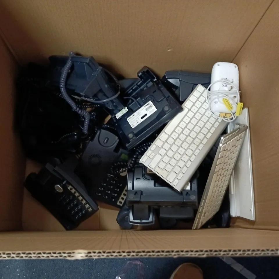 BOX OF APPROXIMATELY 15 ASSORTED ELECTRICAL PRODUCTS TO INCLUDE PRINTER TONER, KEYBOARDS AND DESKTOP TELEPHONES