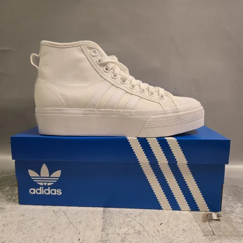 BOXED PAIR OF ADIDAS NIZZA PLATFORM MID SHOES IN WHITE SIZE UK 7
