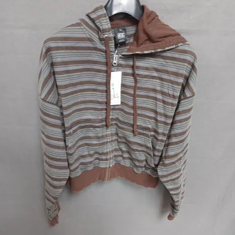 BDG STRIPED HOODIE JACKET, BROWN & GREY, ZIP FRONT – SIZE L/G