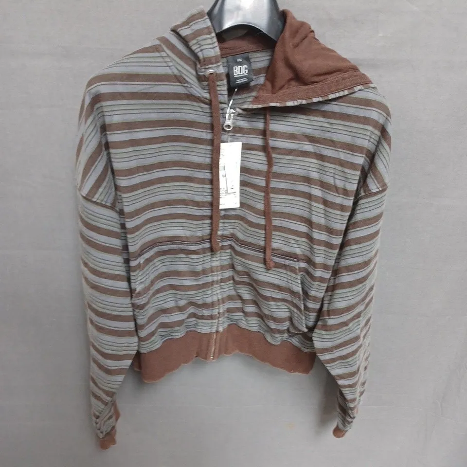 BDG STRIPED HOODIE JACKET, BROWN & GREY, ZIP FRONT – SIZE L/G
