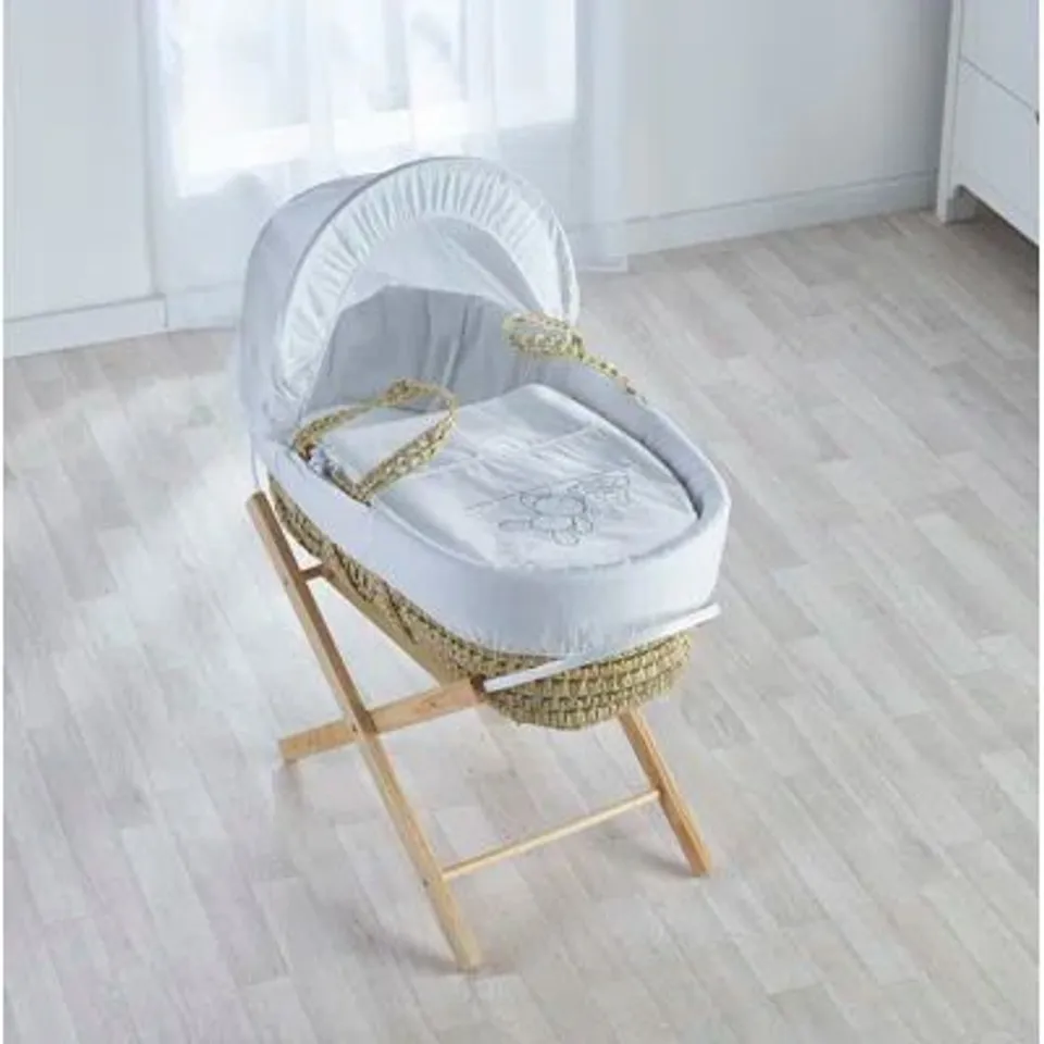 BOXED MOSES BASKET WITH STAND, BEDDING AND MATRESS 