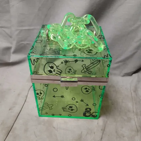 KOI NEON GREEN SKULL-PRINT GLASS JEWELLERY BAG WITH LID