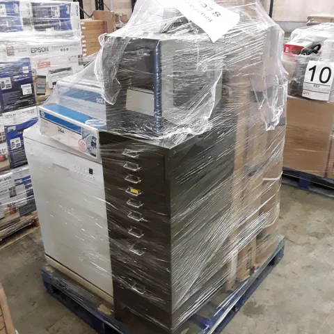 PALLET OF ASSORTED ITEMS INCLUDING HP LASERJET PRINT CARTRIDGES, FILING CABINET, DISH WASHER, TV UNIT, BROTHER PRINTER