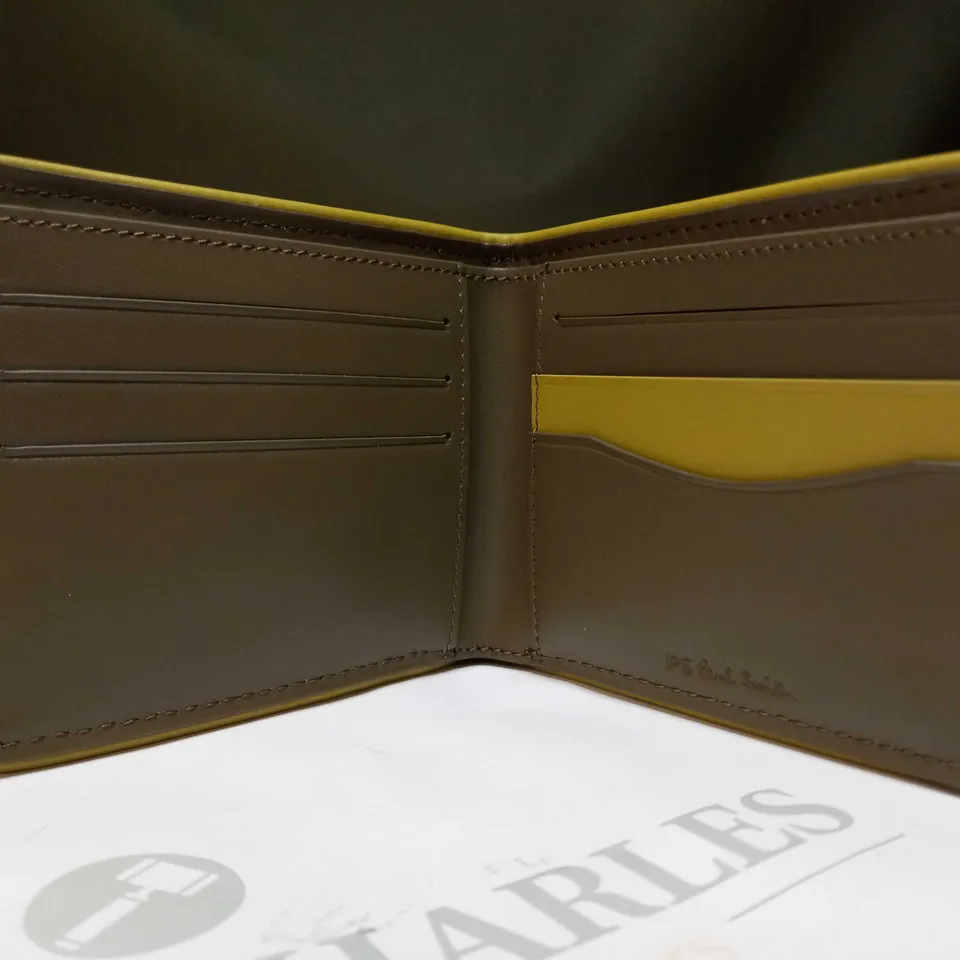 BOXED PAUL SMITH 'ITW' WALLET IN DARK GREEN/MUSTARD YELLOW