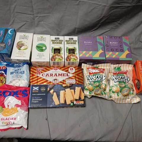 APPROXIMATELY SEVENTEEN ASSORTED PRODUCTS TO INCLUDE; TUNNOCKS CARAMEL WAFERS, CLIPPER GINGER AND TURMERIC, OLINAS SIMPLY SEED CRACKERS AND MURRAY MINTS